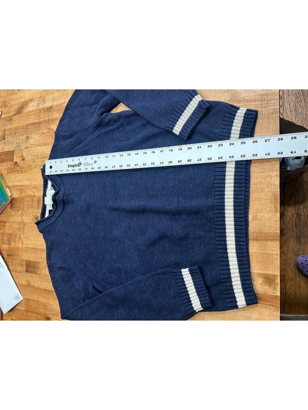 H&M L.O.G.G. Navy Blue Cotton Sweater with White Striped Cuffs and Hem, Size L